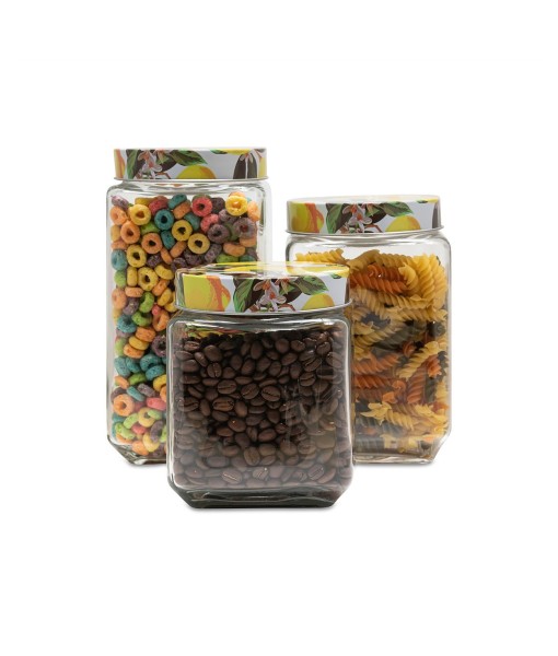 Blossoms Lemons Square Glass Jars Set  3 Piece