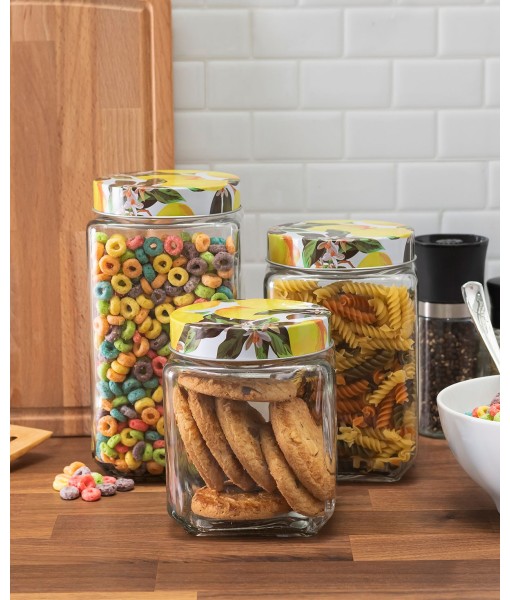 Blossoms Lemons Square Glass Jars Set  3 Piece