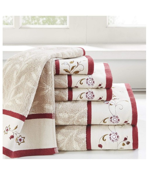 Serene Embroidered Cotton Jacquard 6 Piece Towel Set Red